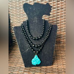 Carroll Dorsey Walker real Green  Turquoise Pendant and black stones Necklace
